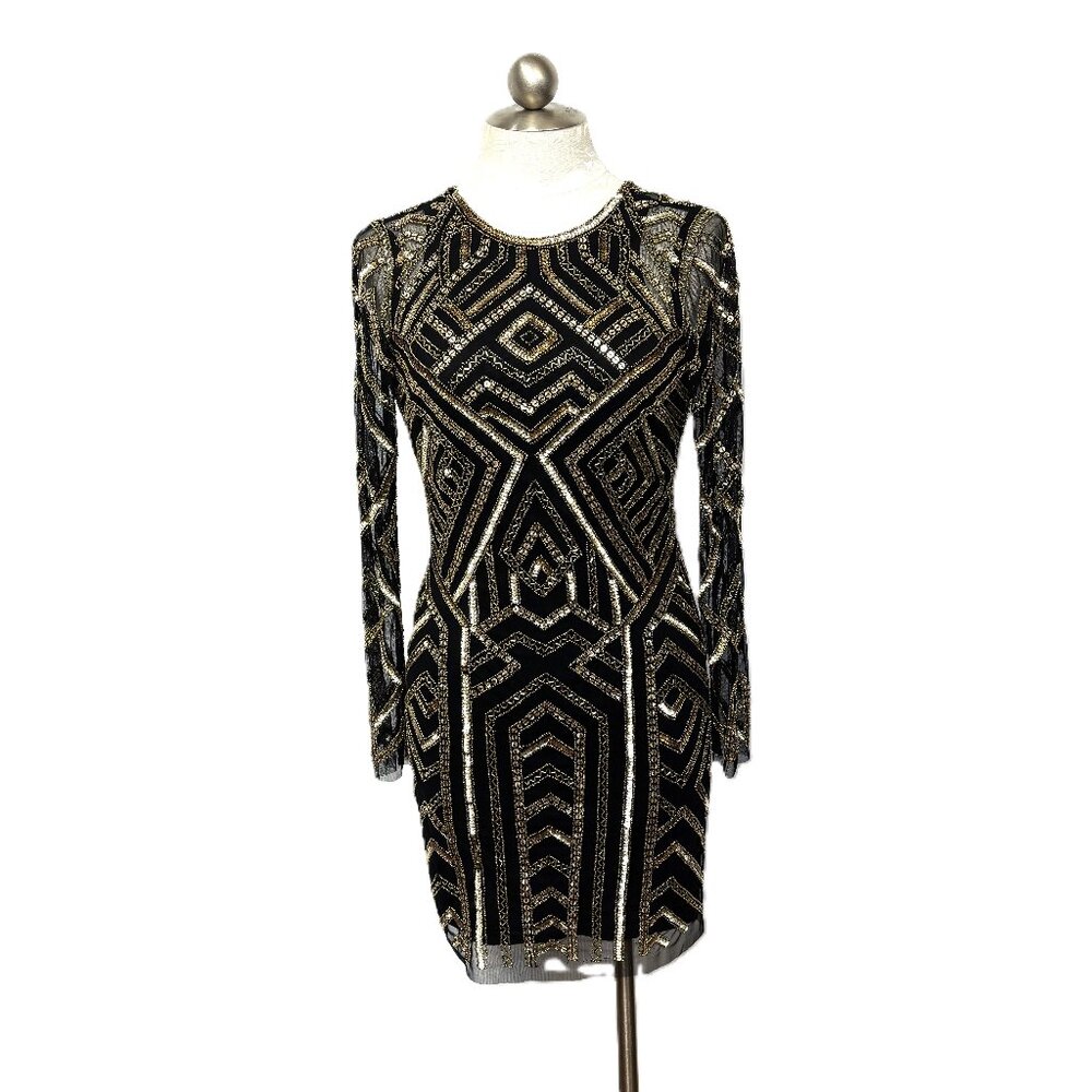 AIDAN by Aidan Mattox Gold on Black Sequin Sheath Cocktail Dress Size 4